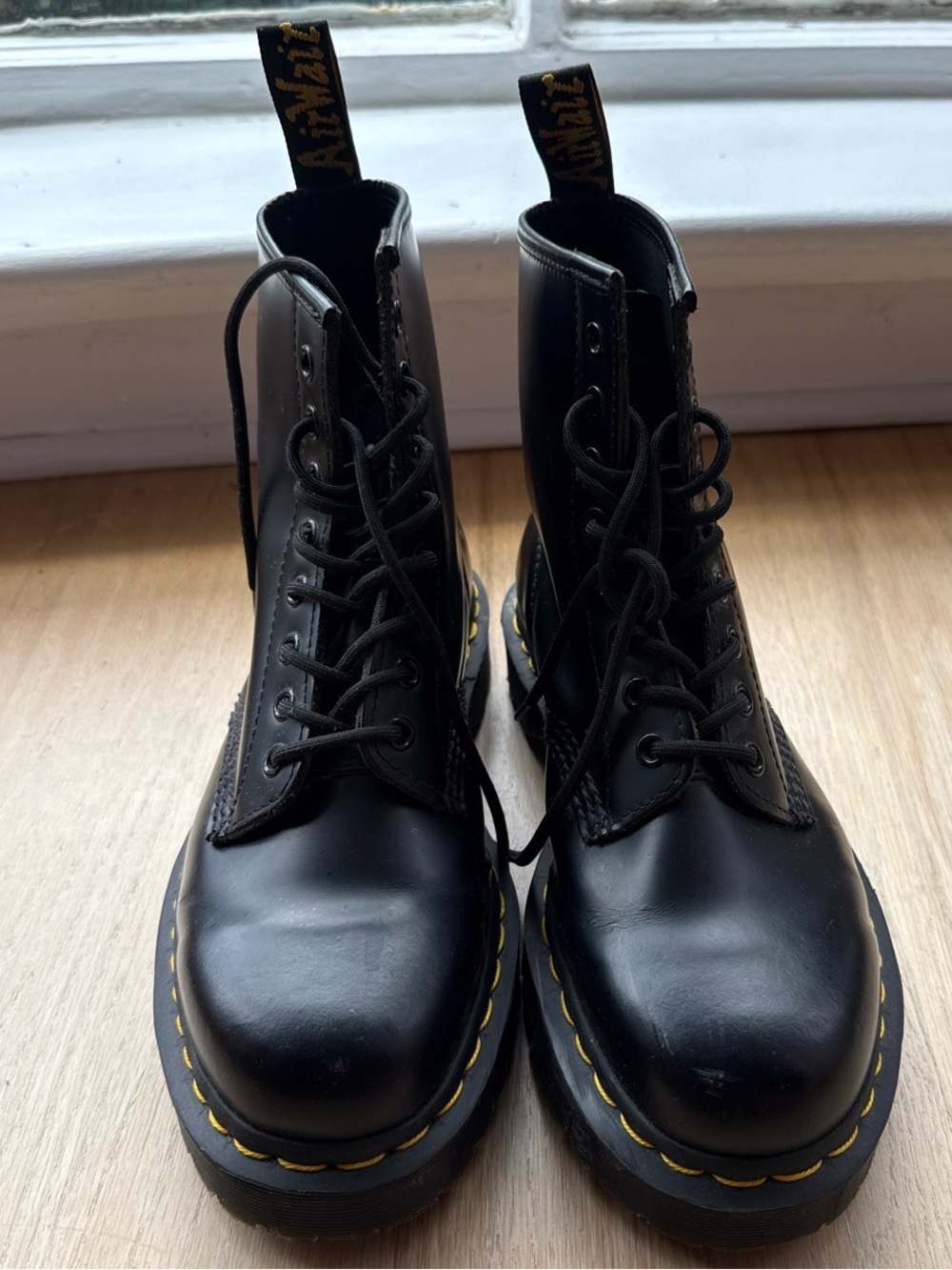 Doc Marten Black Leather Lace-Up Combat Boots with Yellow Stitching